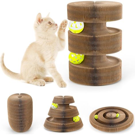 Griffoir chat carton multi-formes pliant avec cloche dérouvable, tous âges (1/4)