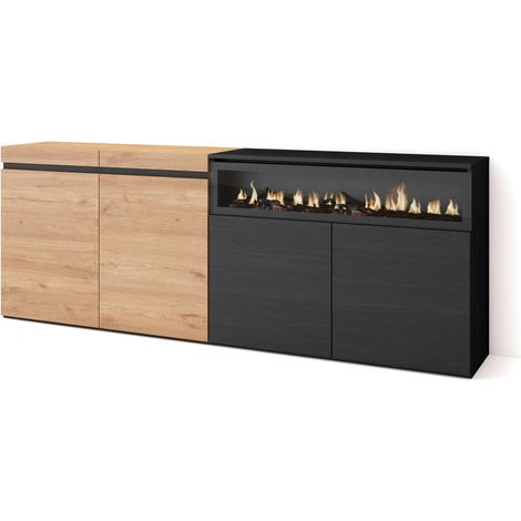 Aparador Benaoján-01 de 200x75x35 cm con 4 puertas, chimenea y luces LED, color roble y negro (1/4)