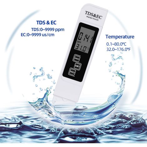 Analyseur numérique 3 en 1 de qualité d’eau, détecteur TDS/CE/température, arrêt auto 5 min, fonction verrouillage lecture, portable (1/2)