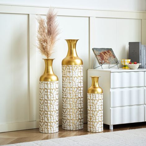 Vasi da pavimento set 3 in metallo, oro e bianco, 50/66/85 cm, motivo floreale HAVRYA (1/5)
