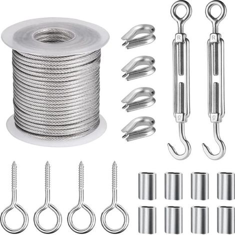 15M Corde en Acier Inoxydable à Suspendre Kit, Kit de Câble Métallique Revêtu de PVC avec M5 Tendeur Cable et Crochets à Oeil, pour Corde de Tente, Corde a linge, Lustre d'Extérieur (1/5)