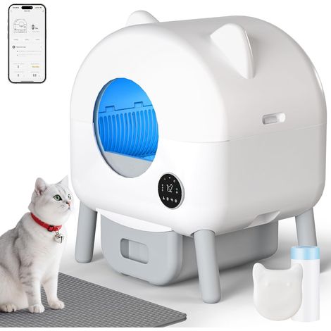 Litière pour Chat Autonettoyante, 95L+15L Litière Automatique pour Chat, avec Éclairage Intérieur Contrôlable, Désodorisation, Contrôle par APP, Surveillance Santé par IA