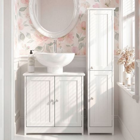 Meuble sous-vasque à 2 portes avec étagère réglable et découpe en U, 60x30x60 cm, blanc (1/5)