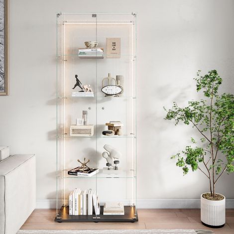 Vitrine en verre, vitrine pour collection, espace de rangement à 5 niveaux, avec bande lumineuse LED, base en métal, vitrine autoportante, Noir (1/5)