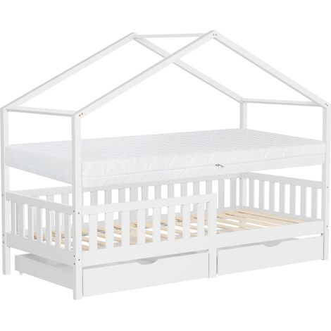 ML-Design Letto a Casetta per Bambini 90x200 cm in Legno di Pino Bianco con Materasso H16 cm, Sponde di Sicurezza e 2 Cassetti Contenitore, Lettino Montessori a Pavimento, Giroletto Cameretta (1/5)