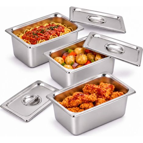 Relaxdays Contenitori Gastronorm GN 1/4, set da 3, acciaio inox, con coperchio, HxLxP: 15x26,5x16,2 cm, argento (1/5)
