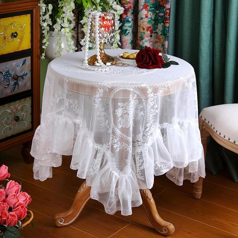 Spitze Tischdecke 150x150cm Weiß Blumenmuster Rüschen Vintage Landhausstil