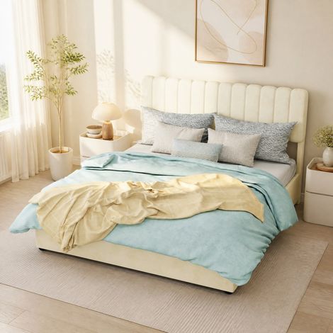Lit rembourré beige 140x200 cm avec tête de lit capitonnée et coffre relevable (1/5)