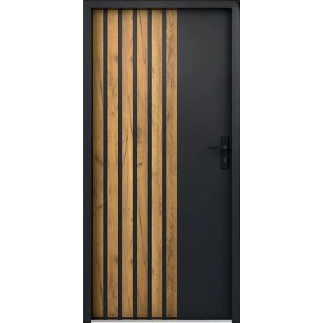 Porte d'entrée pleine en acier H207 x L100 cm anthracite avec rayures effet chêne - épaisseur 68 mm - poussant gauche - COBRITA (1/5)