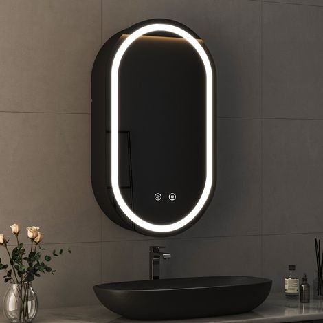 Oval Spiegelschrank mit Beleuchtung 40x70 cm Aluminium Spiegelschrank Bad mit Beleuchtung Badezimmerschrank, Badschrank Spiegel Kabinett mit 3-Farben Dimmbar, Beschlagfrei, Schwarz (1/5)