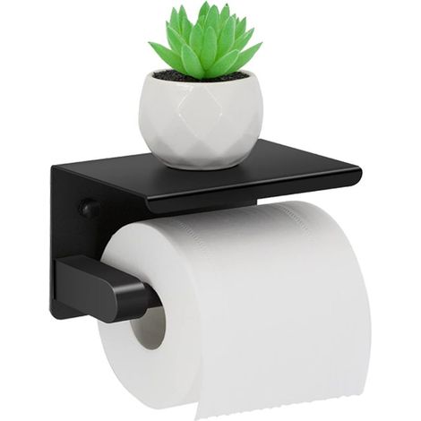 Porte Papier Toilette avec Étagère Supérieure - Acier Inoxydable Support à Percer & Auto-Adhésif - Porte Rouleau Murale Noire pour Salle de Bains (1/5)