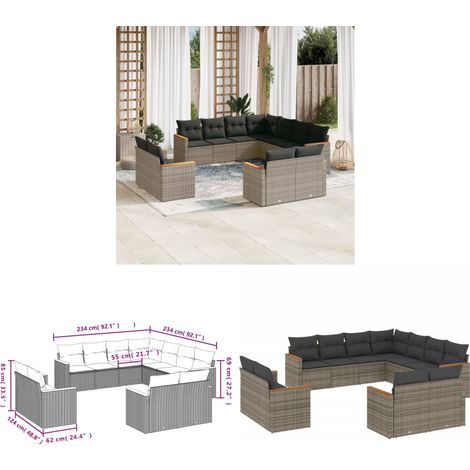 11-tlg. Garten-Sofagarnitur mit Kissen Grau Poly Rattan - Gartenmöbel - Outdoor Möbel - Rattan Sofa - Lounge Set - Esstischgarnitur - Home & Living (1/3)