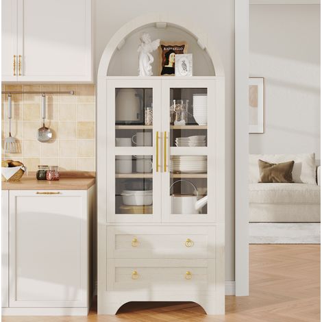 Credenza alta con ante in vetro, 2 cassetti, ripiani regolabili, 76,2 x 40,1 x 180 cm, bianco (1/5)