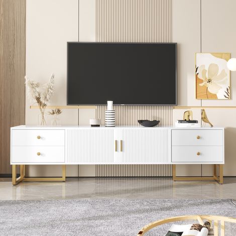 Meuble TV 175 cm, avec 2 portes à texture sculptée et 4 tiroirs, poignées et pieds dorés, panneau bas, convient pour TV 80 pouces, 175x30x46 cm - Blanc