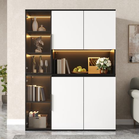 Buffet haut - LED, Rangement - 120x40x160 cm - LED noir et blanc vitrines - Verre, MDF (1/5)
