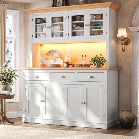 Buffet haut 140x40x180 cm - vaisselier avec porte vitrée, étagères réglables, LED RGB et fermeture douce - MDF/verre - Gris clair