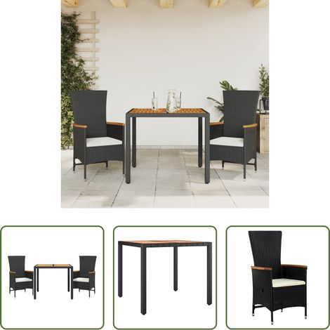 Gartentisch - 3-tlg. Garten-Essgruppe mit Kissen Schwarz Poly Rattan (1/5)