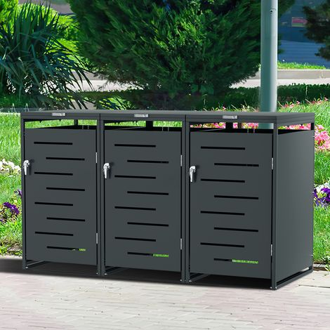 Jiubiaz Mülltonnenbox 3er Set Edelstahl für 120L/240L Mülltonnen, wetterfeste Mülltonnengarage mit Lüftung und Gasdruckdeckel für Außenbereich