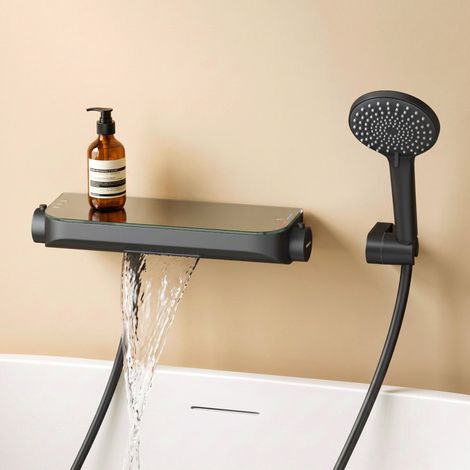 doporro Badewannenarmatur mit Handbrause, Armatur Badewanne Wasserfall mit Thermostat, 1,5 m PVC Brauseschlauch & Wandhalterung, Wannenarmatur aus Vollmessing-Körper für Badewanne und Bad Matt Schwarz