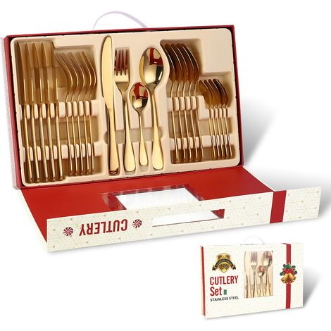 Ensemble de 24 couverts en acier inoxydable doré, coffret cadeau de Noël, finition miroir, résistant à la chaleur et à la rouille (1/4)