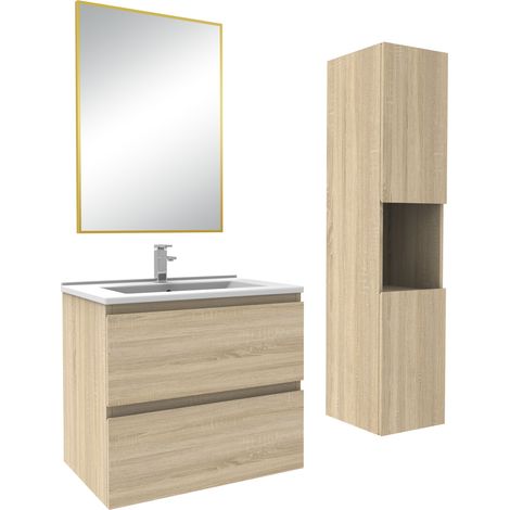 Acezanble Ensemble de Meuble de Salle de Bain Simple Vasque 60 cm + Colonne +Miroir Chêne Wotan