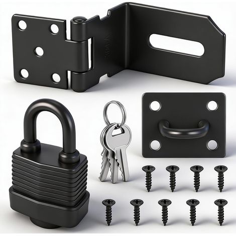 Loquet de Cadenas Agrafe avec Cadenas et Vis, Loquet Porte en Acier Inoxydable avec Clé, Agrafe Lourds, Fermeture Verrou Porte Etanche pour Chambre à Coucher Patio (90° Schnalle) (1/4)
