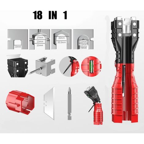 Llave para grifo multifuncional 18 en 1, fontanería plegable, antideslizante portátil, Llave multifuncional instalación grifos fregaderos (1/4)