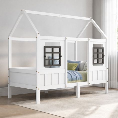 CHICFURN Cama infantil tipo casita 200x90 cm de madera blanca con ventanas, sin colchón (1/5)