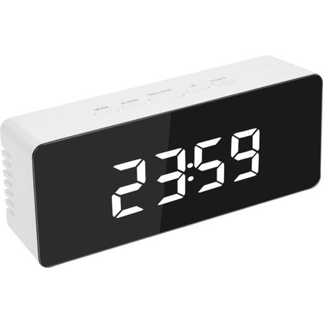Elektronischer Wecker mit Spiegeldisplay, weißem Gehäuse und weißer Beschriftung (ZN-AZ-2001)