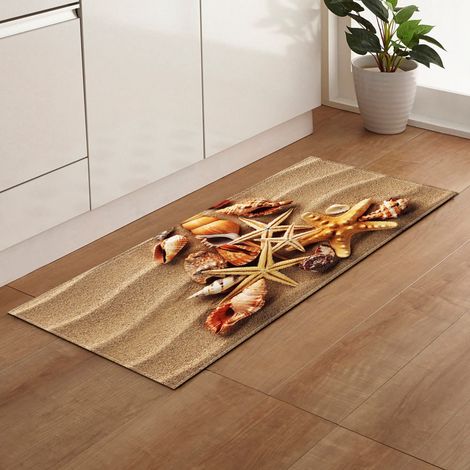 Tapis Anti-Fatigue - Fibre Polyester - Motif Coquillage et Étoile de Mer - Non Glissant avec Points PVC - Pour Cuisine Salle de Bain Entrée - 60 x 90 cm (1/5)