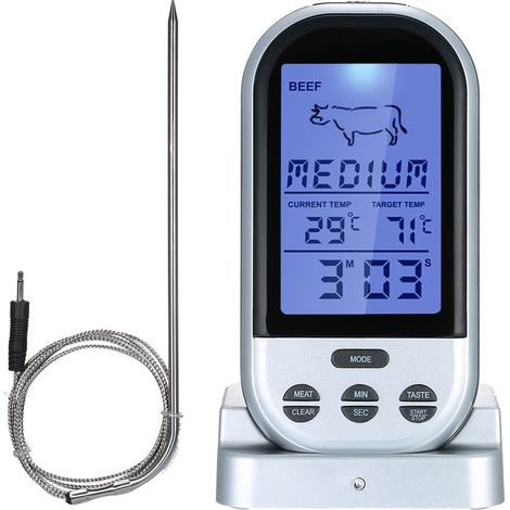Kabelloses Fleischthermometer mit Sonde, hintergrundbeleuchtetem LCD-Display, Countdown-Timer und Fernbedienung für Grill, Backofen und Küche (1/5)