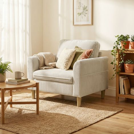 Sillón de pana, sofá tapizado de 1 plaza con asiento ancho y cojín de muelles, 83x74x87cm, beige (1/5)