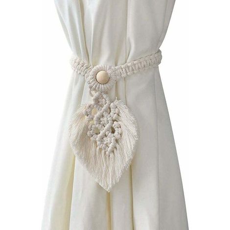 ZVD Lot de 2 supports de cravate pour rideaux bohémiens faits à la main - En coton tissé à la main - Blancs cassés (1/4)