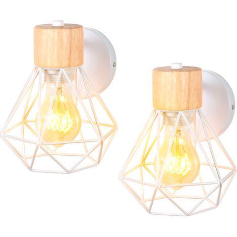 Lot de 2 Appliques Murales Industrielles Réglable Design Cage en Bois Métal 16CM, Lampe Murale Intérieure Vintage E27 Luminaire pour Chambre Salon Cuisine Couloir Blanc (1/5)