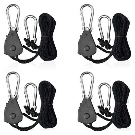 Adjustable ratchet ropes 1/8" - Pack of 4 - Max load 34kg - 2.4m braided polypropylene rope - Stainless steel hooks