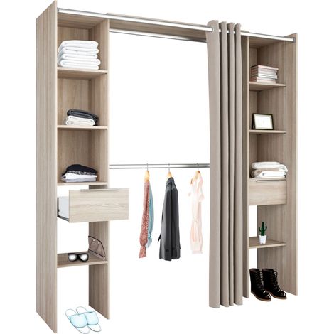 Armario Vestidor con 2 Cajones, Armario Abierto Dana, Vestidor con Barras y Baldas Roble Shannon 203x115-190x50 cm (1/5)