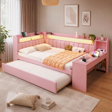Lit 140x200 avec lit gigogne et bureau, rose HAVRYA (1/5)