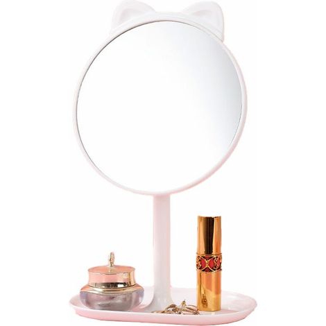 Vanity mirror, side table mirror with handle – White cat ears + comb (1/5)