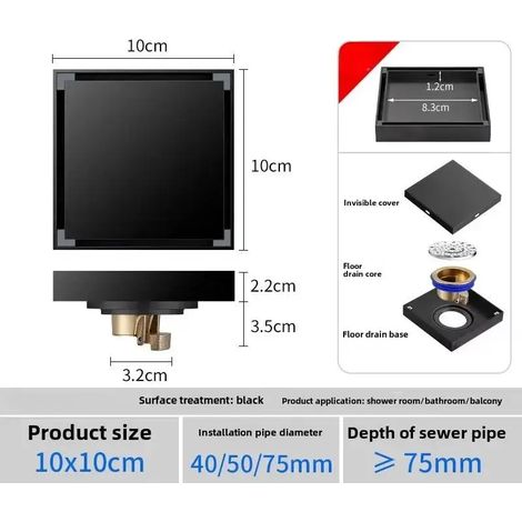 (10x10cm Black) Hidden Square Floor Drain Thickened Stainless Steel Floor Drain For Bathroom Concealed Odor Proof Floor Drain (1/4)