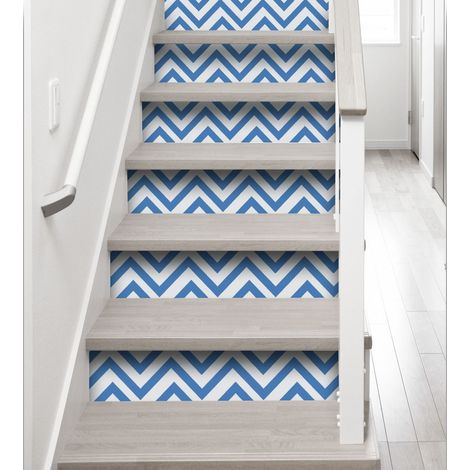 Contremarche adhésive autocollante, 3 pièces, 19,5 X 100 cm, motif chevrons bleus, lignes bleu et blanche - Décoration intérieure graphique et stylée (1/2)