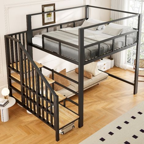 Metall-Hochbett 140x200 cm mit Stauraum-Treppe und Platz für Schreibtisch, robustes Loftbett mit Baldachin und Netzgitter, Schwarz (1/5)
