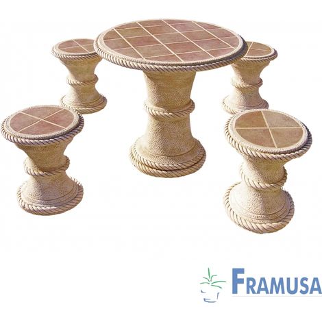 CONJUNTO COMEDOR PIEDRA CIRCULAR JARDIN MANGO TOSTADO CON AZULEJOS OCRE