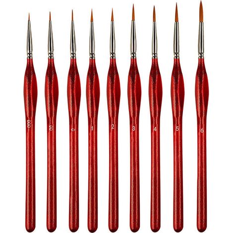 Brush Set - 9 Piece Miniature Detail Paint Brush - Nylon Bristle - Natural Wood Handle - For Oil Acrylic Watercolor Gouache - 17.8 Cm (1/5)