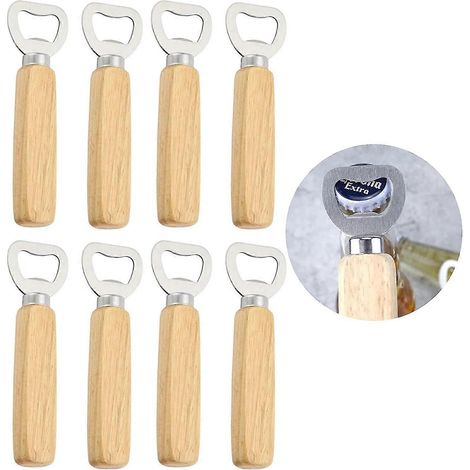 8-teiliger Flaschenöffner mit Holzgriff aus Edelstahl für Bierflaschen, geeignet für Haushalt und Küche. (1/5)