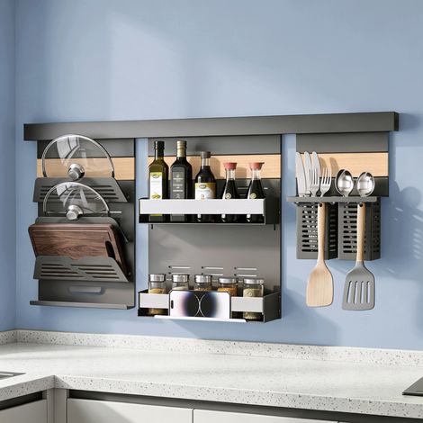 doporro Étagère Murale de Cuisine avec Rail Porte-Couvercles 3 Niveaux Porte-Épices 2 Niveaux Porte-Ustensiles en Acier Galvanisé Organisateurs Cuisine Couvercles Épices Ustensiles