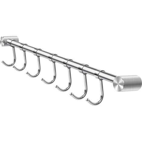 1 Barre De Suspension Acier Inoxydable, 40 Cm, 7 Crochets Amovibles, Support Mural Pour Cuisine Salle De Bain Bureau