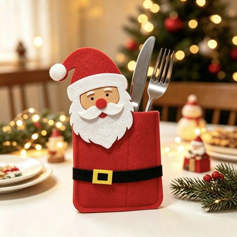 Décorations de Noël - Nouveau set de couverts Père Noël - Pochette de table de Noël pour couverts avec motifs de dessins animés - Modèle Père Noël (1/3)
