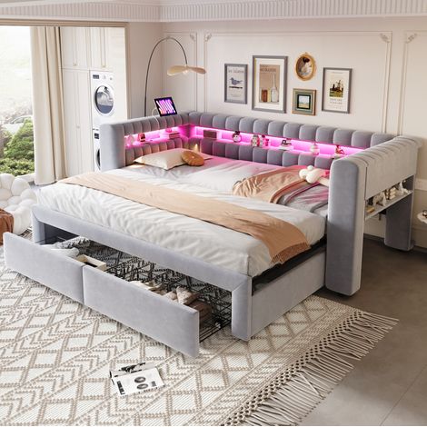 Divano letto 210x109x80 cm, estraibile con 2 cassetti e vani contenitore, LED, USB e Tipo C, velluto grigio chiaro (1/5)