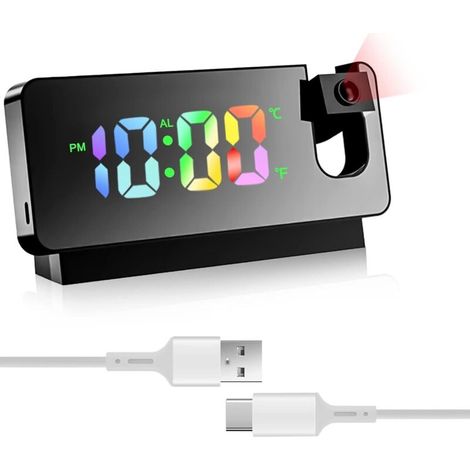 (Noir) Réveil avec projection, réveil miroir, avec affichage de la température et grand écran LED, rotatif à 180°, alimenté par USB, avec projection de plafond, chambre à coucher