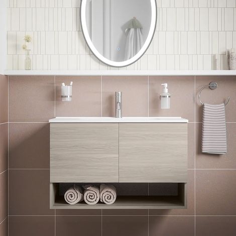 Meuble de salle de bain suspendu 80 cm Chêne gris avec deux portes, compartiment ouvert et lavabo inclus Mod. Sauris